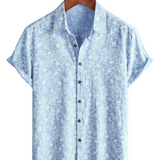 Men's Hawaiian-Style Cotton Short-Sleeve Shirt with Button, Light Blue