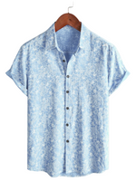 Men's Hawaiian-Style Cotton Short-Sleeve Shirt with Button, Light Blue