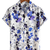 Men's Retro Blue Cotton Shirt with Florals for Summer with Short Sleeve