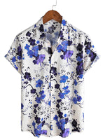 Men's Retro Blue Cotton Shirt with Florals for Summer with Short Sleeve