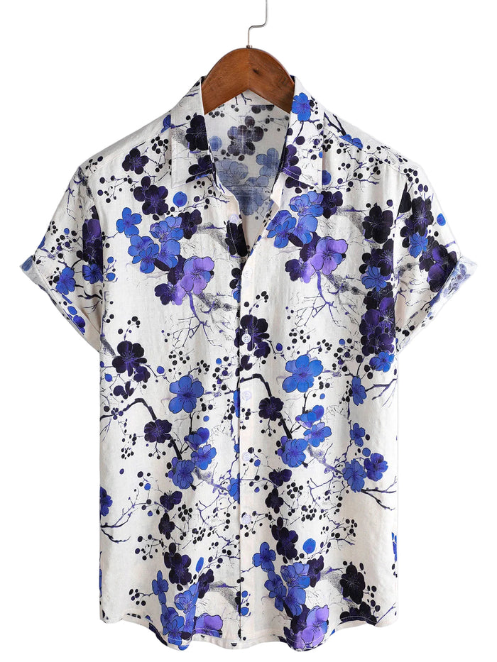 Men's Retro Blue Cotton Shirt with Florals for Summer with Short Sleeve