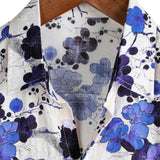 Men's Retro Blue Cotton Shirt with Florals for Summer with Short Sleeve