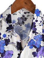 Men's Retro Blue Cotton Shirt with Florals for Summer with Short Sleeve