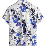 Men's Retro Blue Cotton Shirt with Florals for Summer with Short Sleeve
