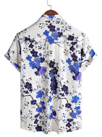 Men's Retro Blue Cotton Shirt with Florals for Summer with Short Sleeve