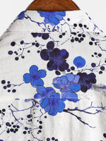 Men's Retro Blue Cotton Shirt with Florals for Summer with Short Sleeve