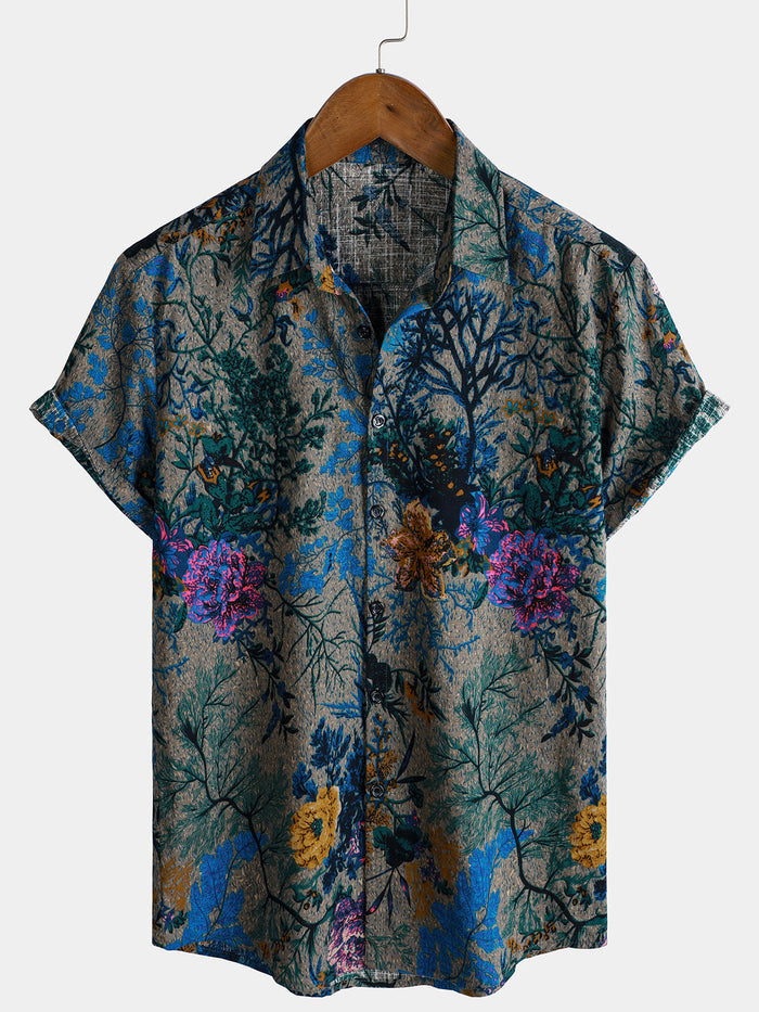 Short-Sleeve Breathable Retro Floral Print Shirt