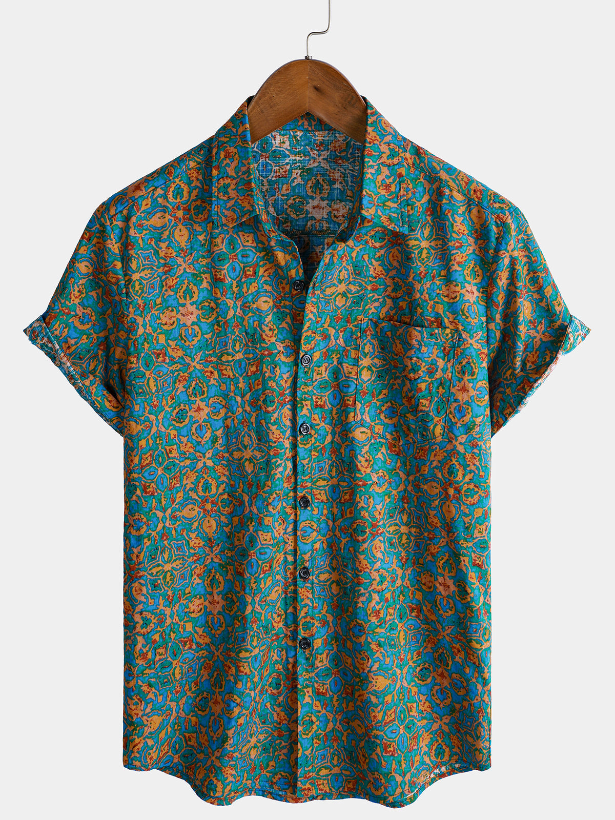 Button-Up Short Sleeve Shirt with Pockets, Retro Style, Abstract
