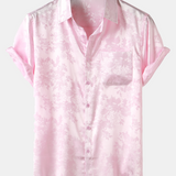 Casual Jacquard Shirt with Floral Pocket, Short Sleeves