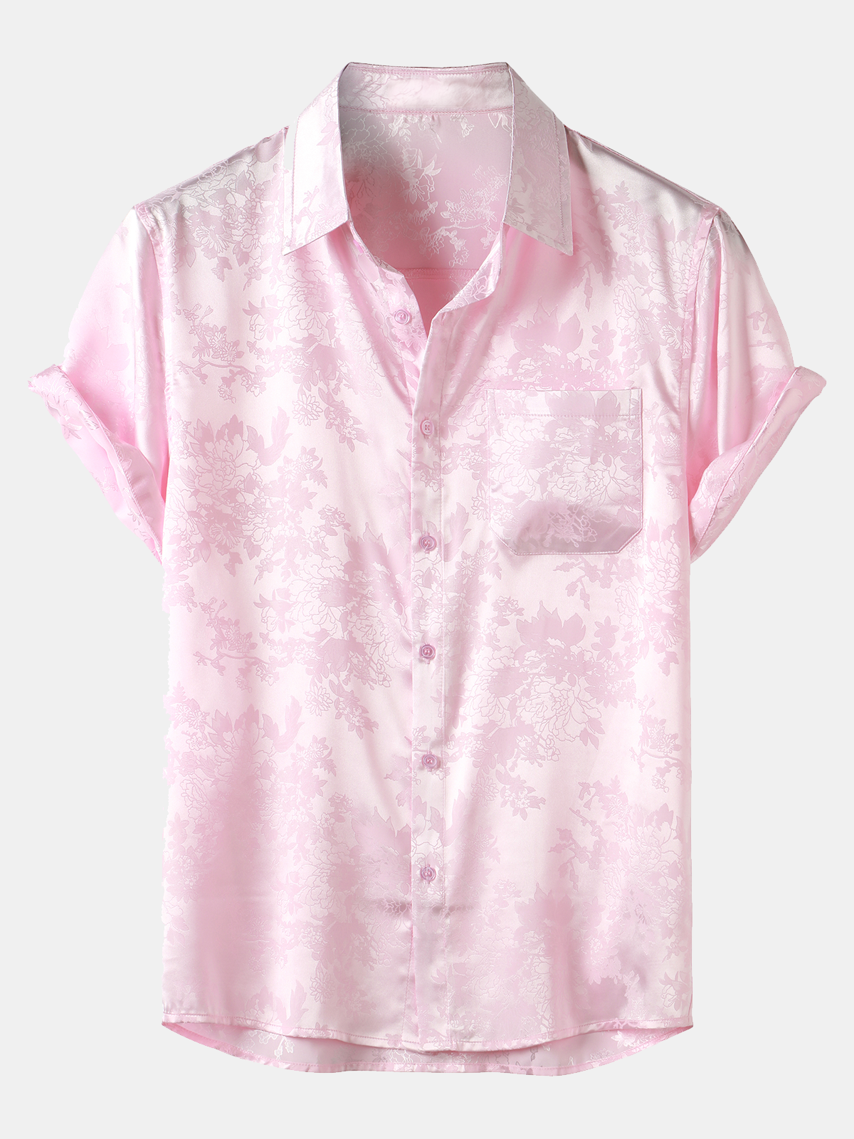 Casual Jacquard Shirt with Floral Pocket, Short Sleeves