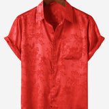 Casual Jacquard Shirt with Floral Pocket, Short Sleeves