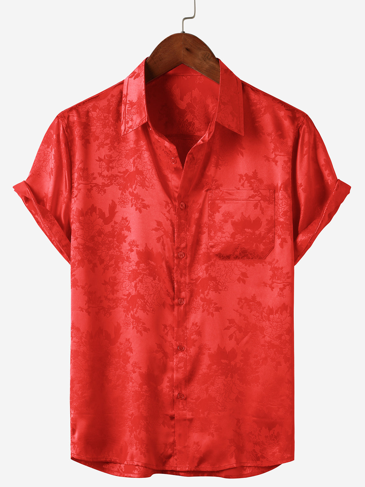Casual Jacquard Shirt with Floral Pocket, Short Sleeves