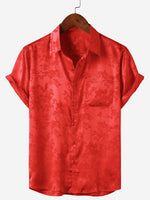Casual Jacquard Shirt with Floral Pocket, Short Sleeves