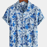 Blue Hawaiian Beach Floral Print Lightweight Breathable Short Sleeve Shirt with Chest Pocket