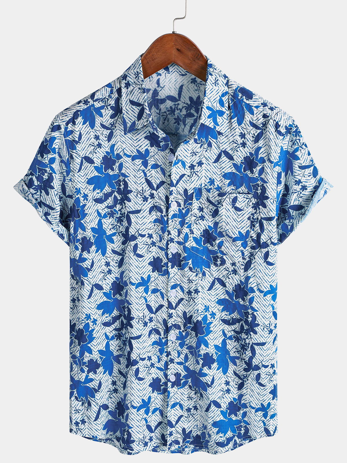 Blue Hawaiian Beach Floral Print Lightweight Breathable Short Sleeve Shirt with Chest Pocket