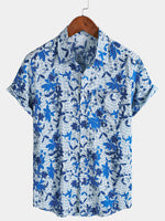 Blue Hawaiian Beach Floral Print Lightweight Breathable Short Sleeve Shirt with Chest Pocket