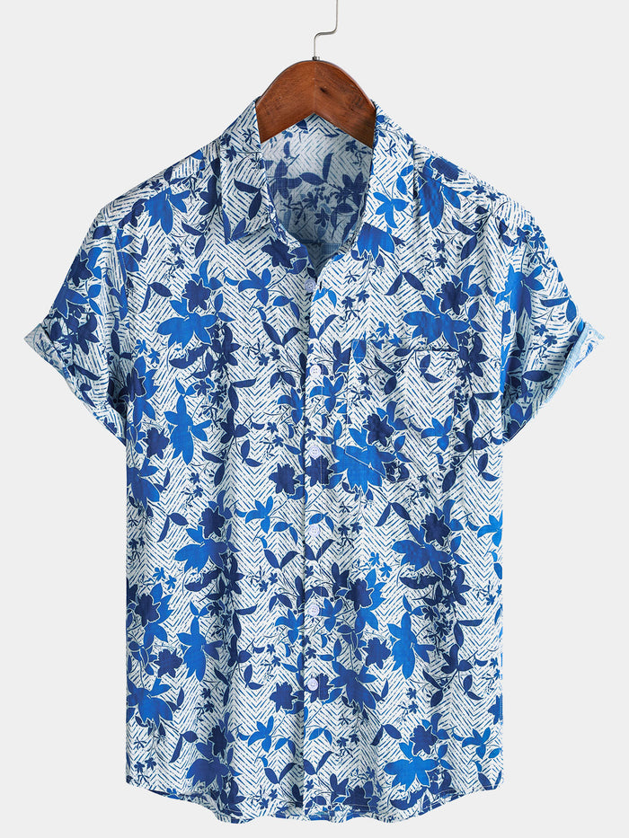 Blue Hawaiian Beach Floral Print Lightweight Breathable Short Sleeve Shirt with Chest Pocket