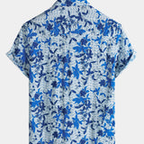 Blue Hawaiian Beach Floral Print Lightweight Breathable Short Sleeve Shirt with Chest Pocket