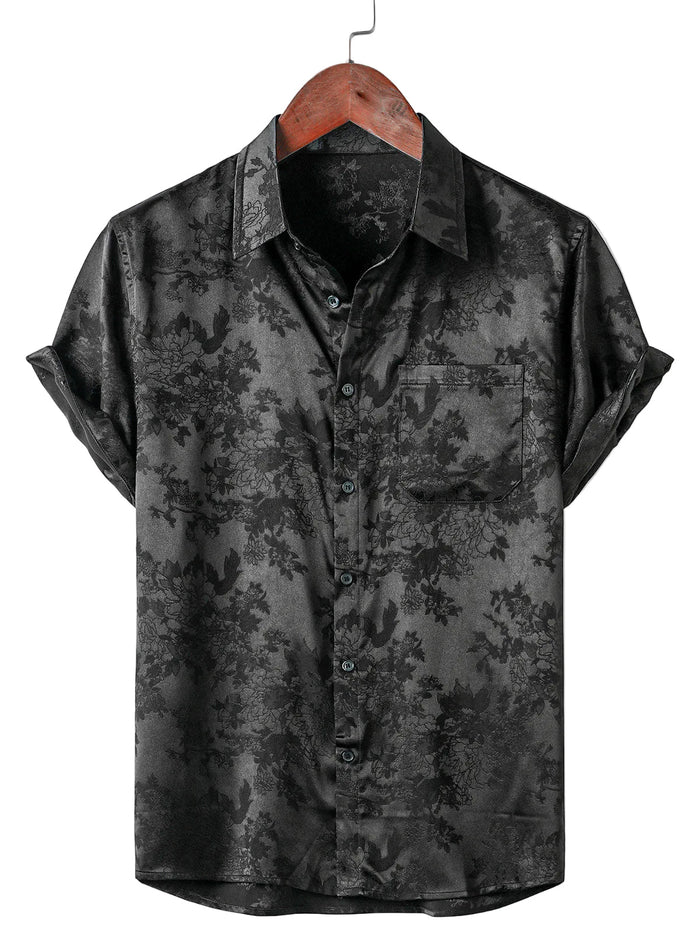 Men's Casual Short Sleeve Shirt in Satin Cotton with Floral Pattern