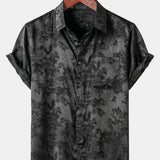 Casual Jacquard Shirt with Floral Pocket, Short Sleeves