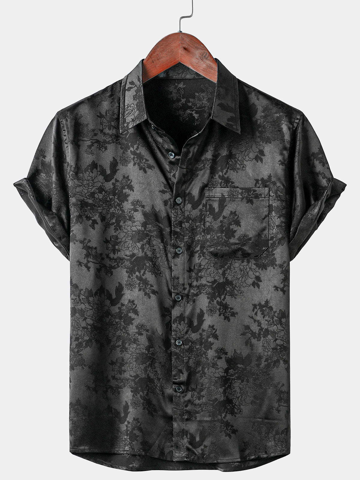 Casual Jacquard Shirt with Floral Pocket, Short Sleeves