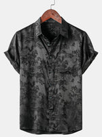 Casual Jacquard Shirt with Floral Pocket, Short Sleeves