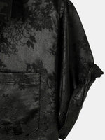 Casual Jacquard Shirt with Floral Pocket, Short Sleeves