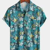 White and Yellow Hawaiian Tropical Floral Print Short Sleeve Shirt with Chest Pocket