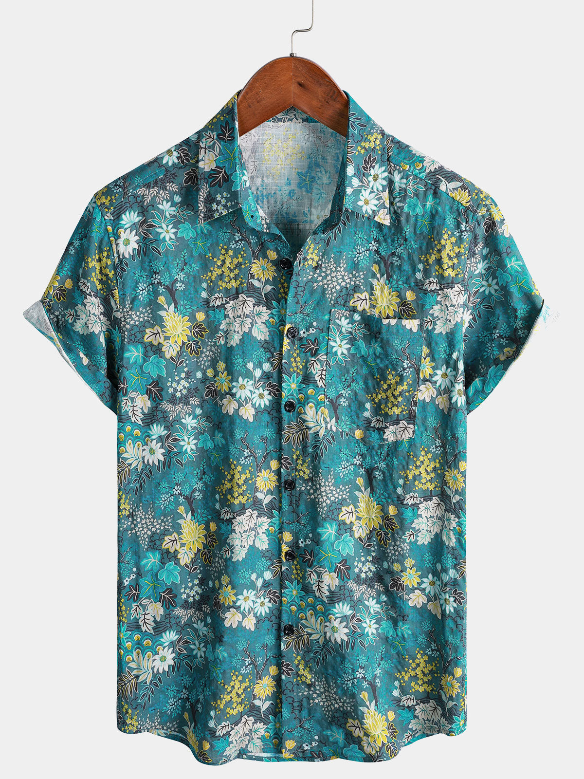 White and Yellow Hawaiian Tropical Floral Print Short Sleeve Shirt with Chest Pocket