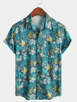 White and Yellow Hawaiian Tropical Floral Print Short Sleeve Shirt with Chest Pocket