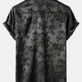 Casual Jacquard Shirt with Floral Pocket, Short Sleeves