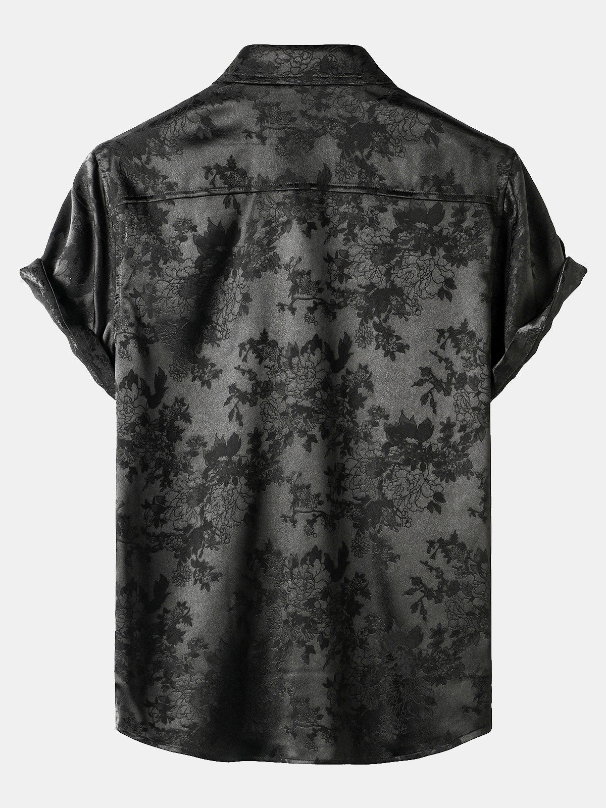Casual Jacquard Shirt with Floral Pocket, Short Sleeves