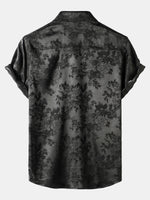 Casual Jacquard Shirt with Floral Pocket, Short Sleeves