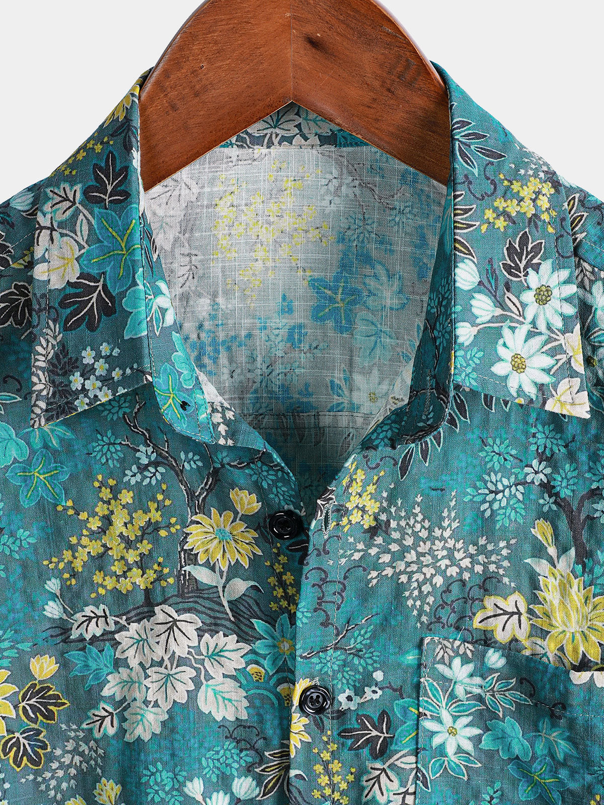 White and Yellow Hawaiian Tropical Floral Print Short Sleeve Shirt with Chest Pocket