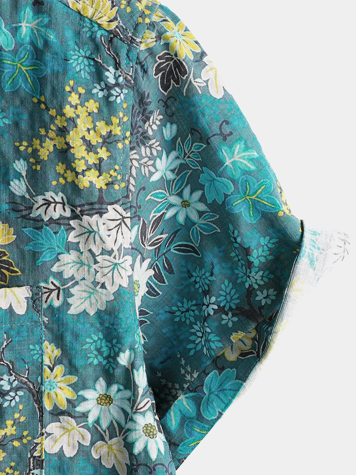 White and Yellow Hawaiian Tropical Floral Print Short Sleeve Shirt with Chest Pocket