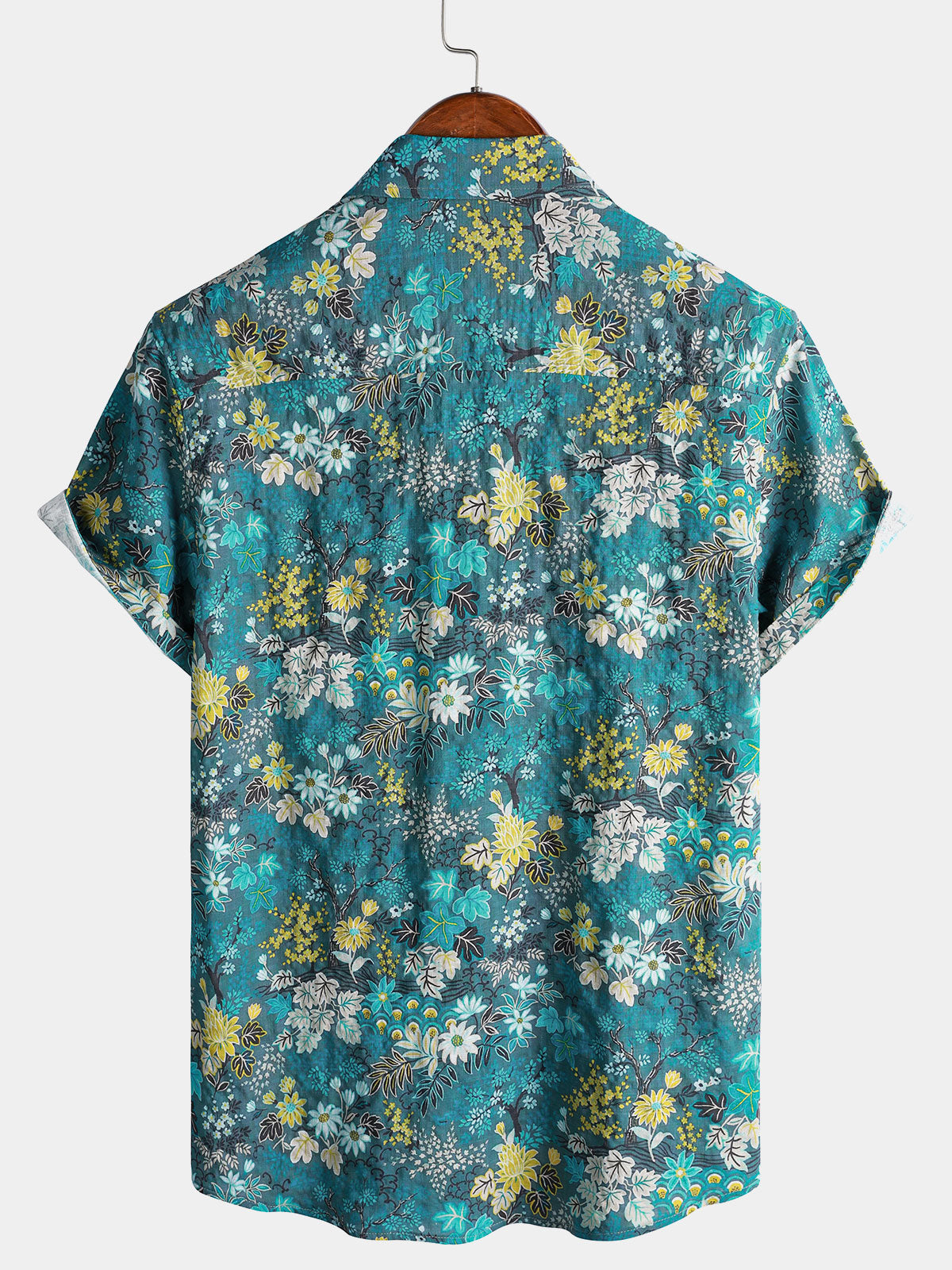 White and Yellow Hawaiian Tropical Floral Print Short Sleeve Shirt with Chest Pocket
