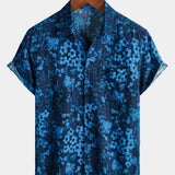 Vintage Dark Blue Hawaiian Floral Print Short Sleeve Shirt with Chest Pocket