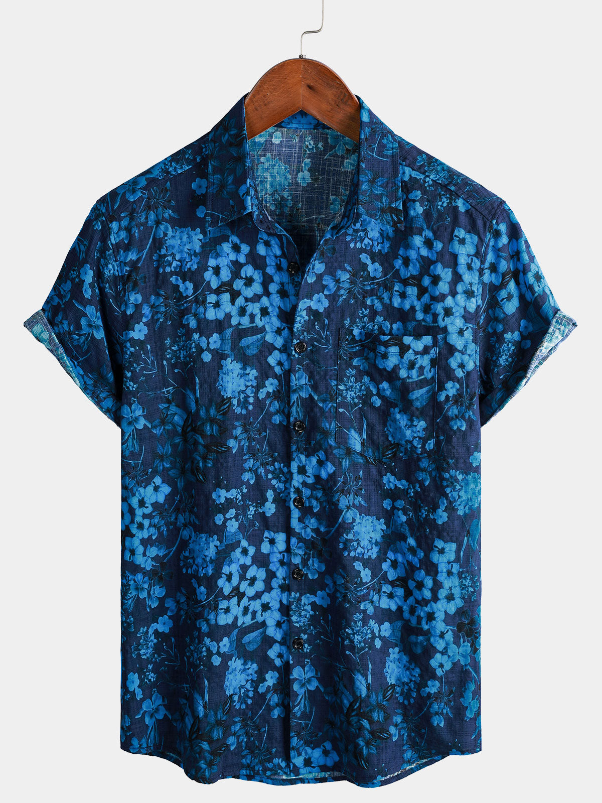 Vintage Dark Blue Hawaiian Floral Print Short Sleeve Shirt with Chest Pocket