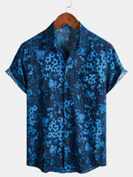 Vintage Dark Blue Hawaiian Floral Print Short Sleeve Shirt with Chest Pocket