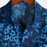Vintage Dark Blue Hawaiian Floral Print Short Sleeve Shirt with Chest Pocket