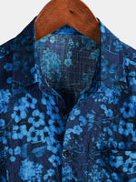 Vintage Dark Blue Hawaiian Floral Print Short Sleeve Shirt with Chest Pocket