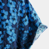 Vintage Dark Blue Hawaiian Floral Print Short Sleeve Shirt with Chest Pocket