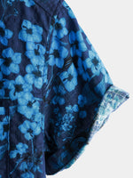 Vintage Dark Blue Hawaiian Floral Print Short Sleeve Shirt with Chest Pocket