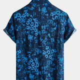 Vintage Dark Blue Hawaiian Floral Print Short Sleeve Shirt with Chest Pocket