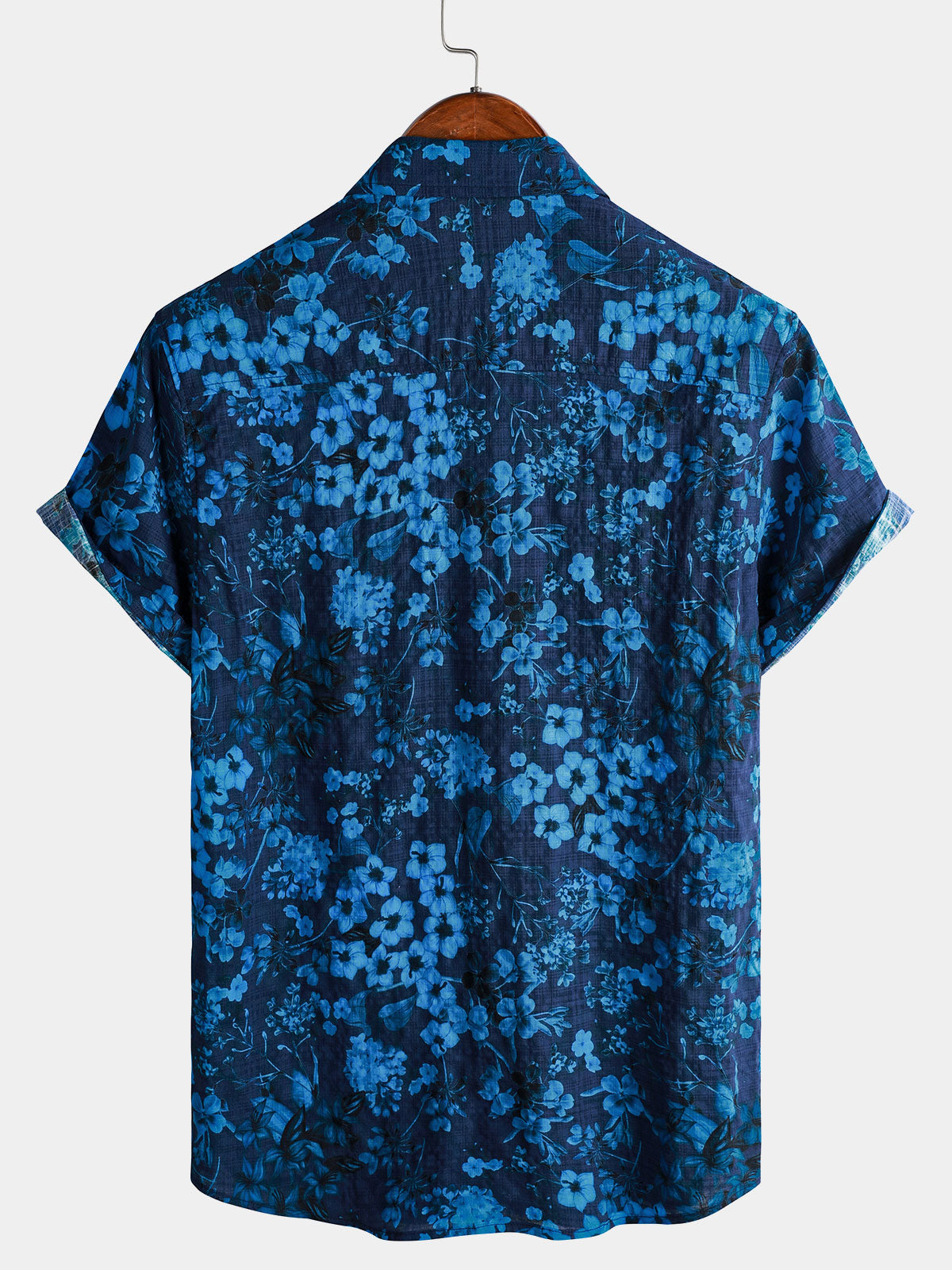 Vintage Dark Blue Hawaiian Floral Print Short Sleeve Shirt with Chest Pocket