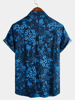 Vintage Dark Blue Hawaiian Floral Print Short Sleeve Shirt with Chest Pocket