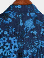 Vintage Dark Blue Hawaiian Floral Print Short Sleeve Shirt with Chest Pocket