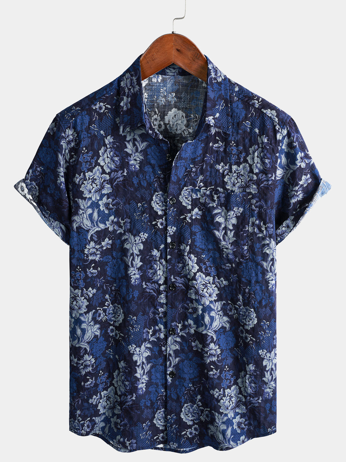 Blue Hawaiian Floral Print Lightweight Breathable Short Sleeve Shirt with Chest Pocket