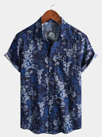Blue Hawaiian Floral Print Lightweight Breathable Short Sleeve Shirt with Chest Pocket