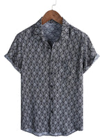 Men's Cotton Short-Sleeve Shirt with Pocket in Retro Geometric Pattern